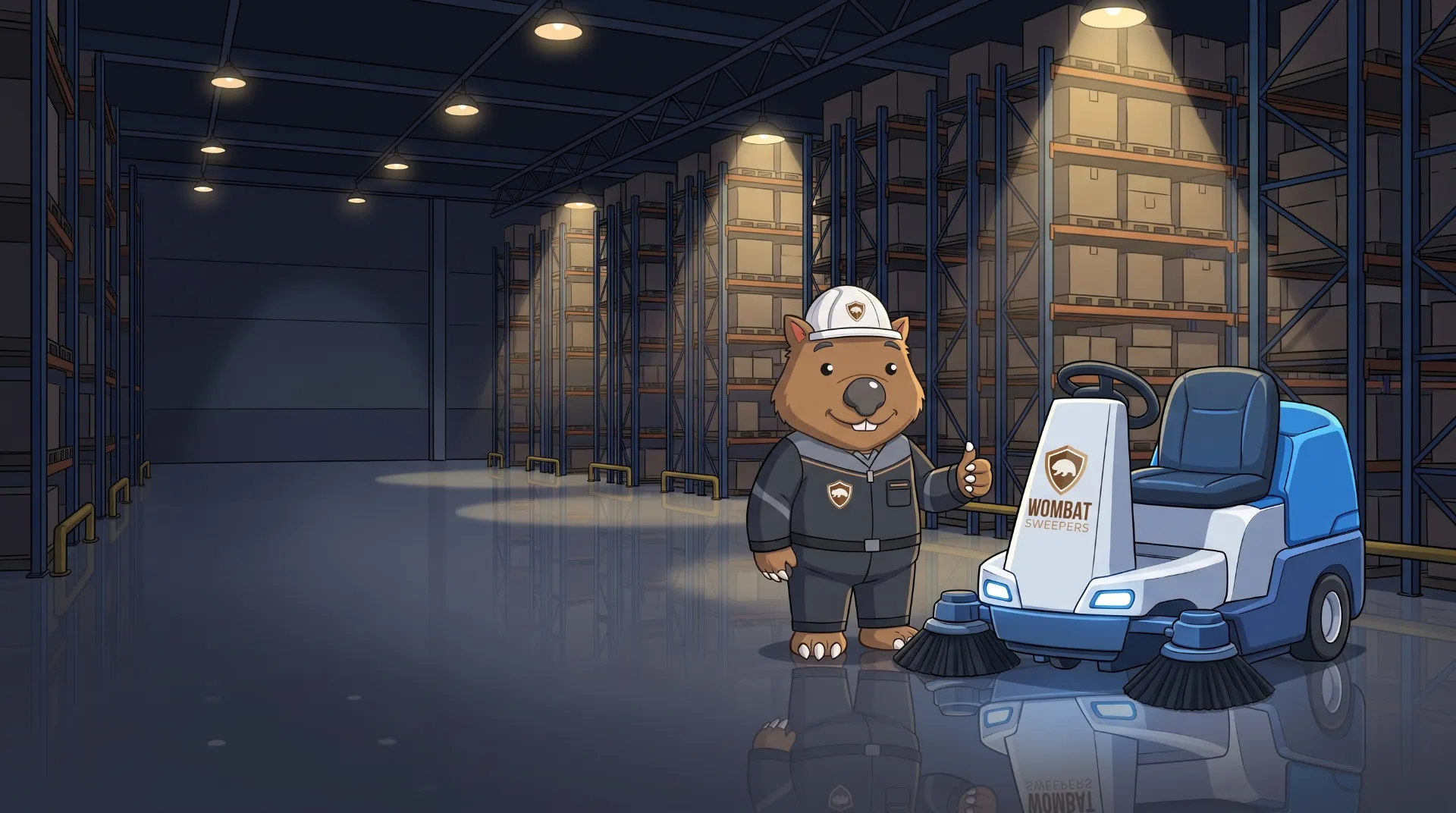 Wombat Sweepers mascot gives a thumbs up beside a ride-on floor scrubber on a glossy, freshly scrubbed floor in a high-bay logistics warehouse in Logan at night