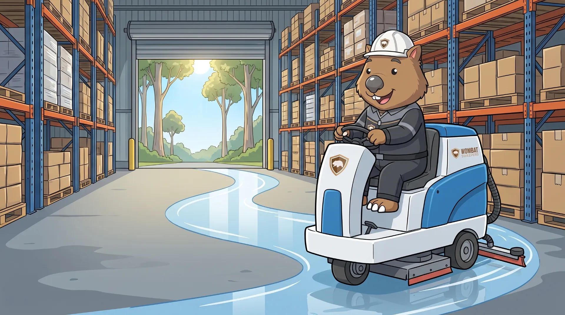 Wombat Sweepers mascot drives a ride-on floor scrubber inside a high-bay logistics warehouse with pallet racking in Logan