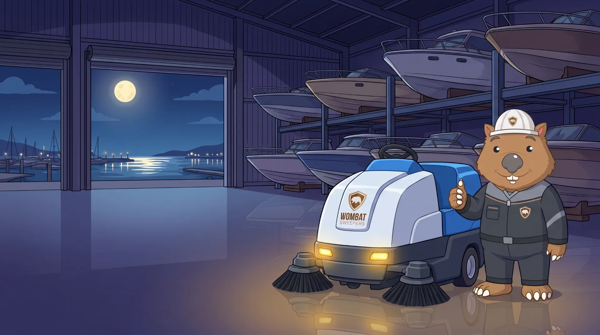 Wombat Sweepers mascot gives a thumbs up beside a ride-on floor scrubber on a glossy, freshly scrubbed floor in a marina boat-storage shed in the Redlands at night