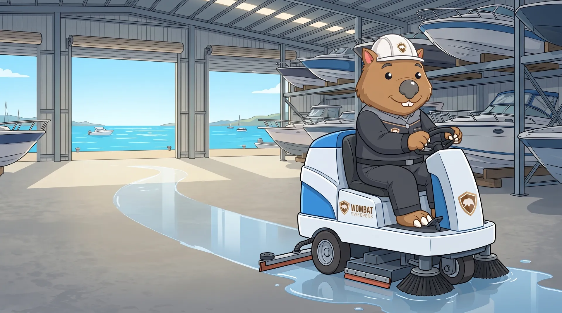 Wombat Sweepers mascot drives a ride-on floor scrubber inside a large marina boat-storage shed with boats on racks in the Redlands