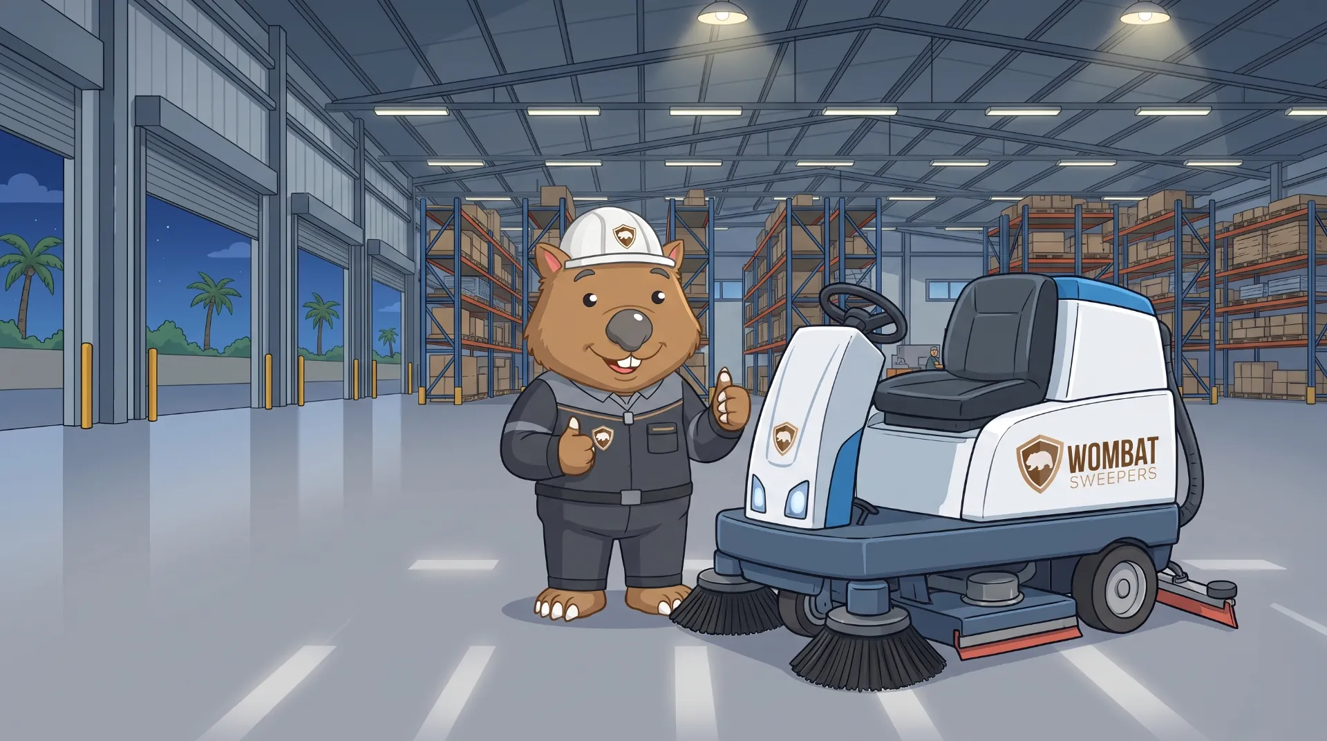 Wombat Sweepers mascot gives a thumbs up next to a ride-on floor scrubber on a vast gleaming warehouse floor at night