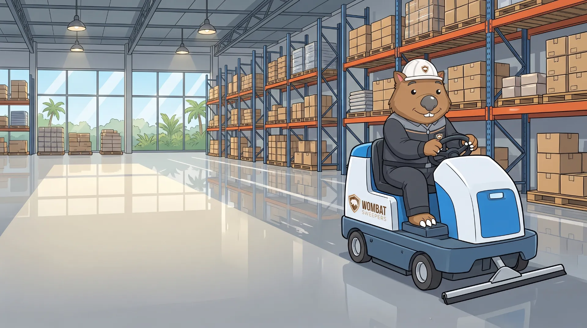 Wombat Sweepers mascot drives a ride-on floor scrubber across a large concrete distribution-centre floor, the clean path gleaming