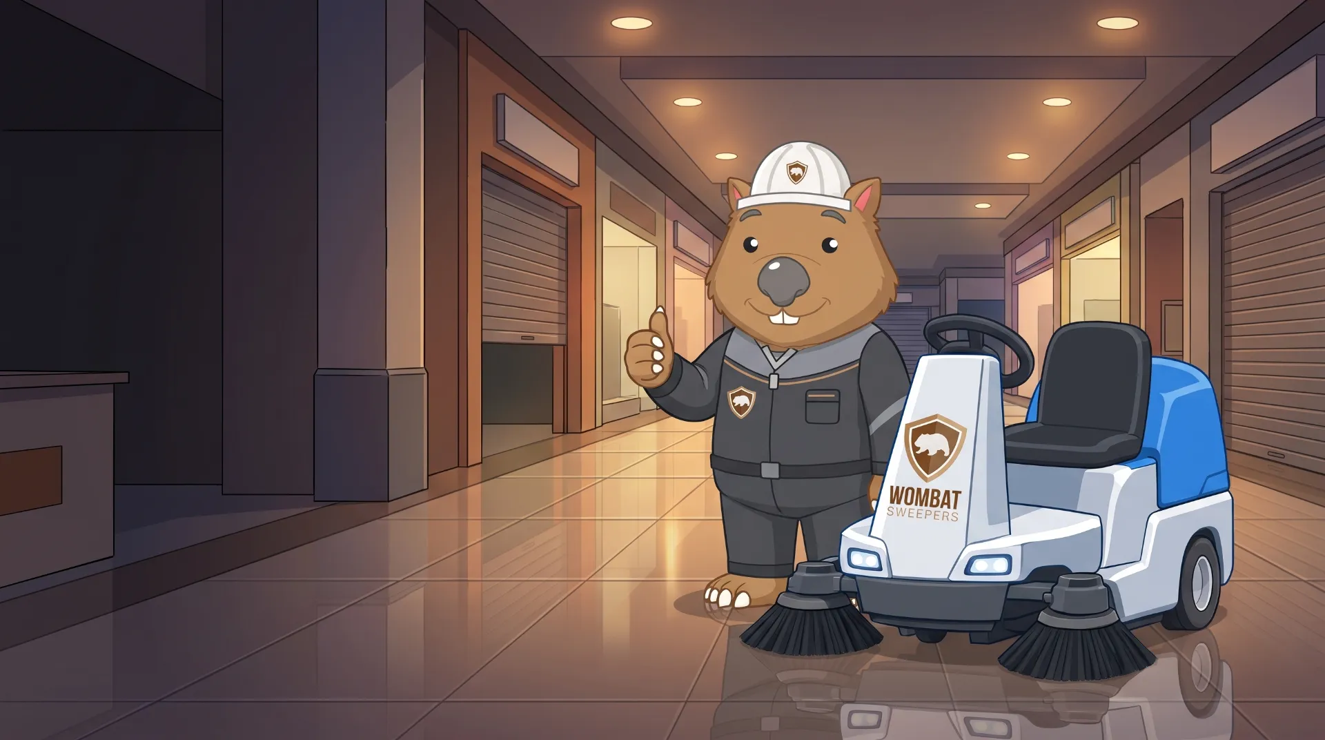 Wombat Sweepers mascot gives a thumbs up beside a ride-on floor scrubber on a glossy, freshly scrubbed floor in a shopping-centre service corridor on the Sunshine Coast at night