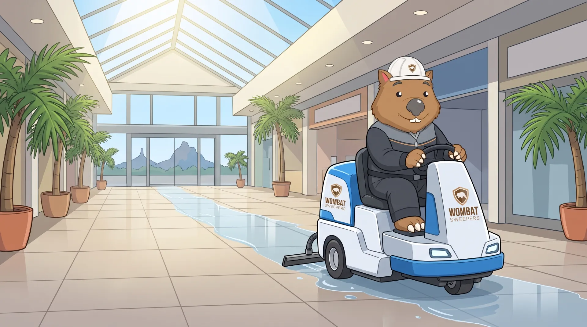 Wombat Sweepers mascot drives a ride-on floor scrubber inside a bright shopping-centre service corridor and loading area on the Sunshine Coast