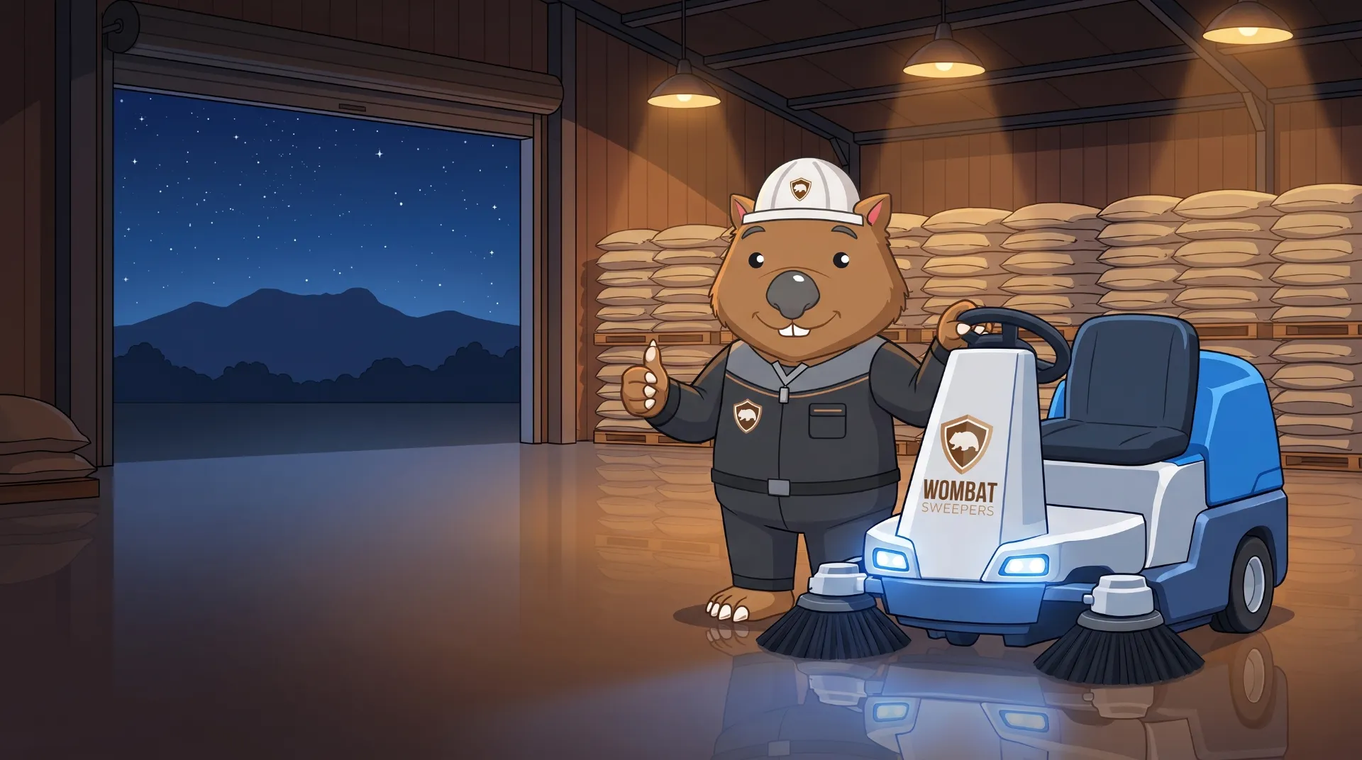 Wombat Sweepers mascot gives a thumbs up beside a ride-on floor scrubber on a glossy, freshly scrubbed floor in a produce warehouse in Toowoomba at night