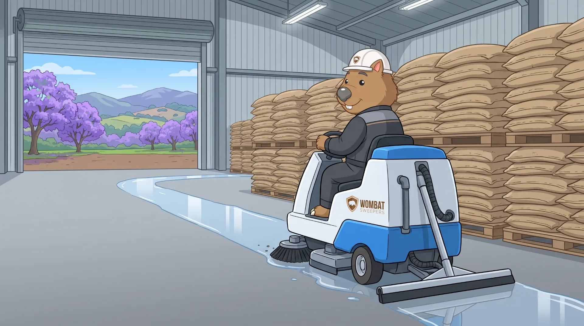 Wombat Sweepers mascot drives a ride-on floor scrubber inside an agricultural produce warehouse stacked with grain bags and hay in Toowoomba