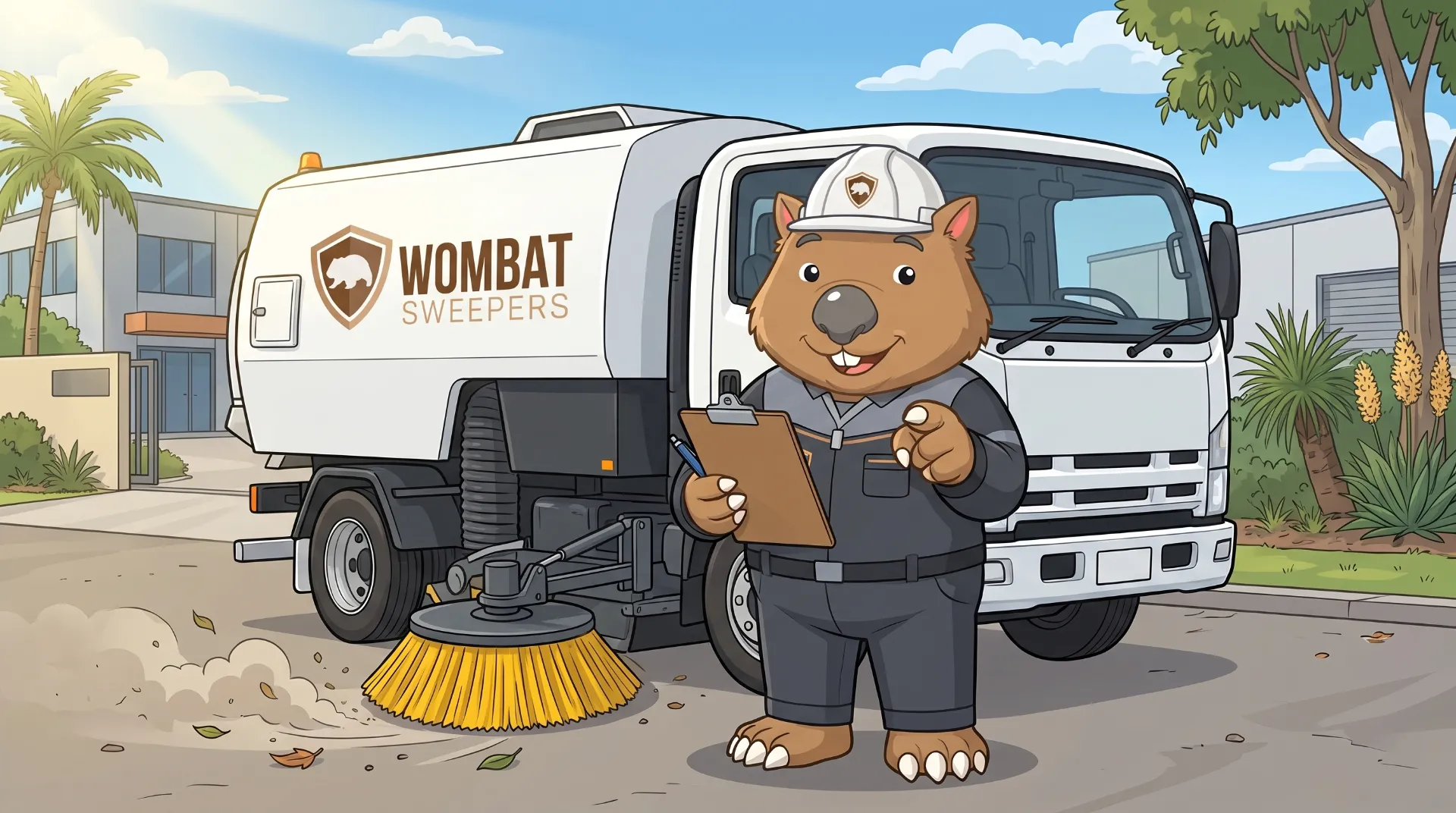 Wombat Sweepers mascot stands at a site entrance holding a clipboard and pen, smiling and pointing toward the viewer, a sweeper truck parked behind