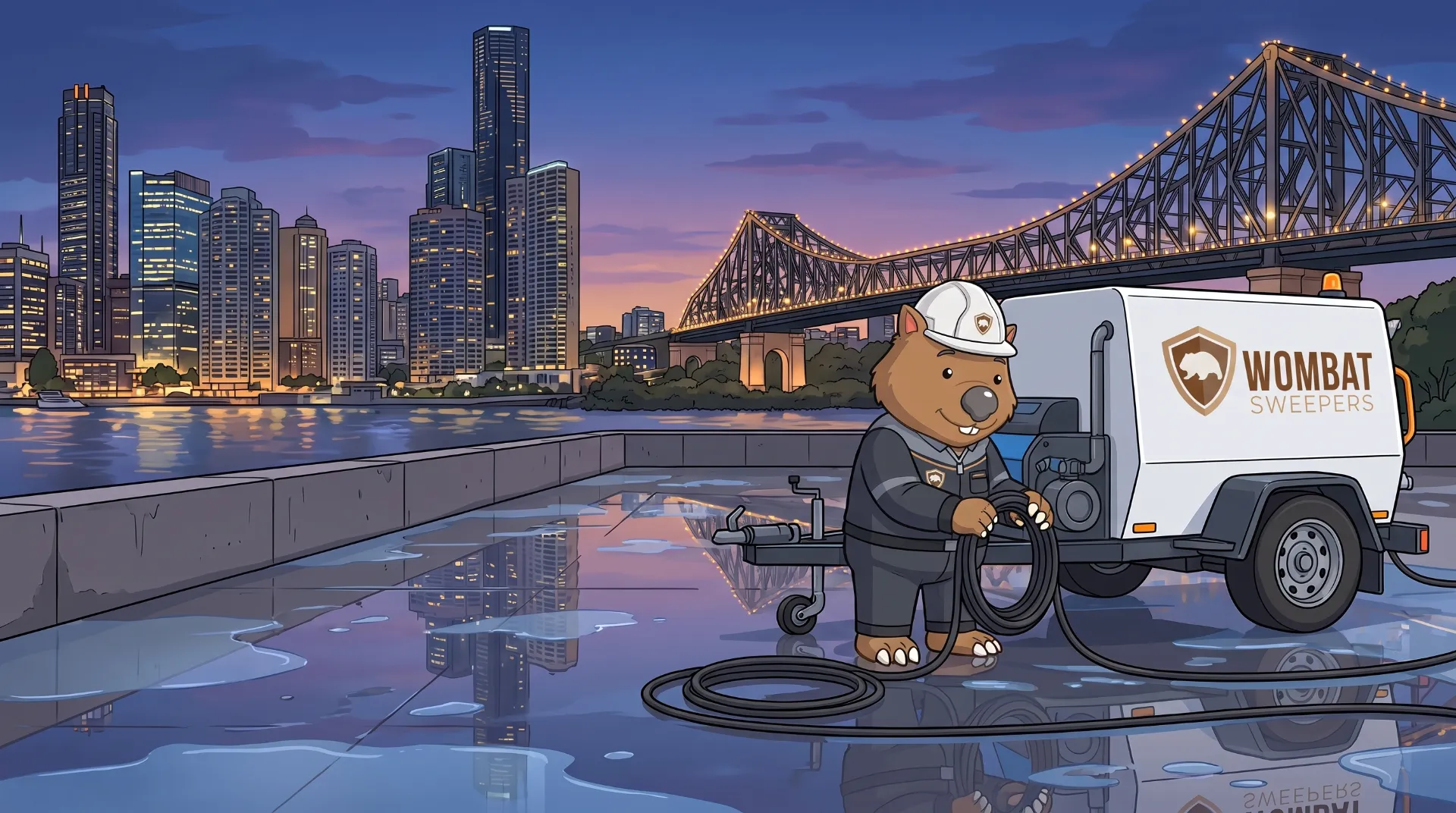Wombat Sweepers mascot coils a pressure hose beside a trailer-mounted pressure washer after cleaning a riverside CBD plaza in Brisbane at twilight