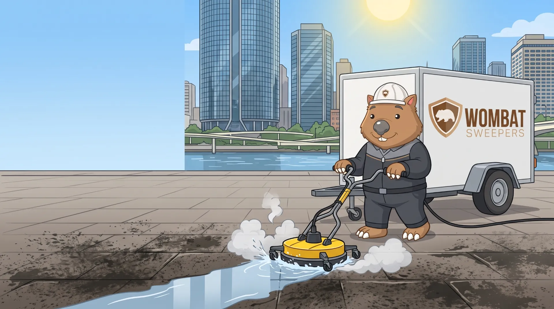 Wombat Sweepers mascot high-pressure cleans with a rotary surface cleaner on a riverside CBD plaza with glass towers in Brisbane