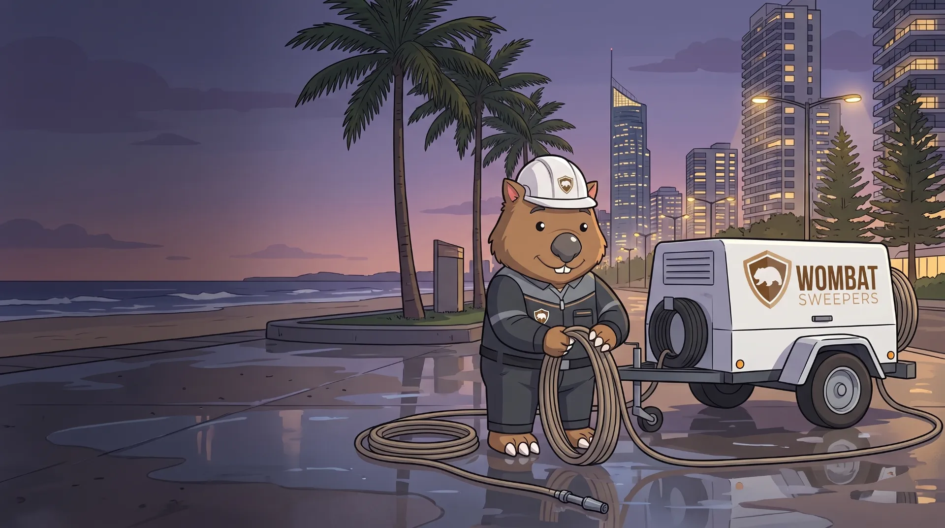 Wombat Sweepers mascot coils a pressure hose beside a trailer-mounted pressure washer after cleaning a beachfront promenade on the Gold Coast at twilight