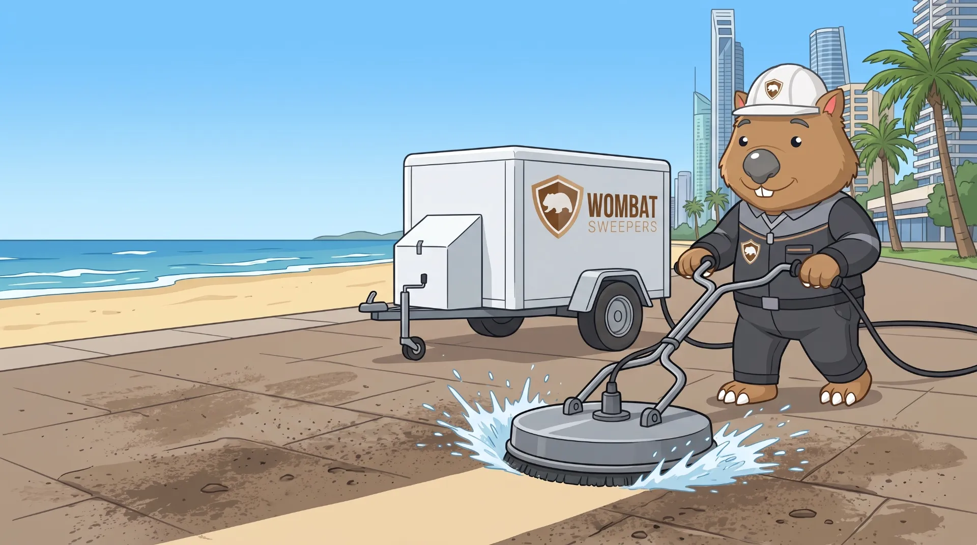 Wombat Sweepers mascot high-pressure cleans with a rotary surface cleaner on a beachfront promenade of pavers with surf and high-rises behind on the Gold Coast