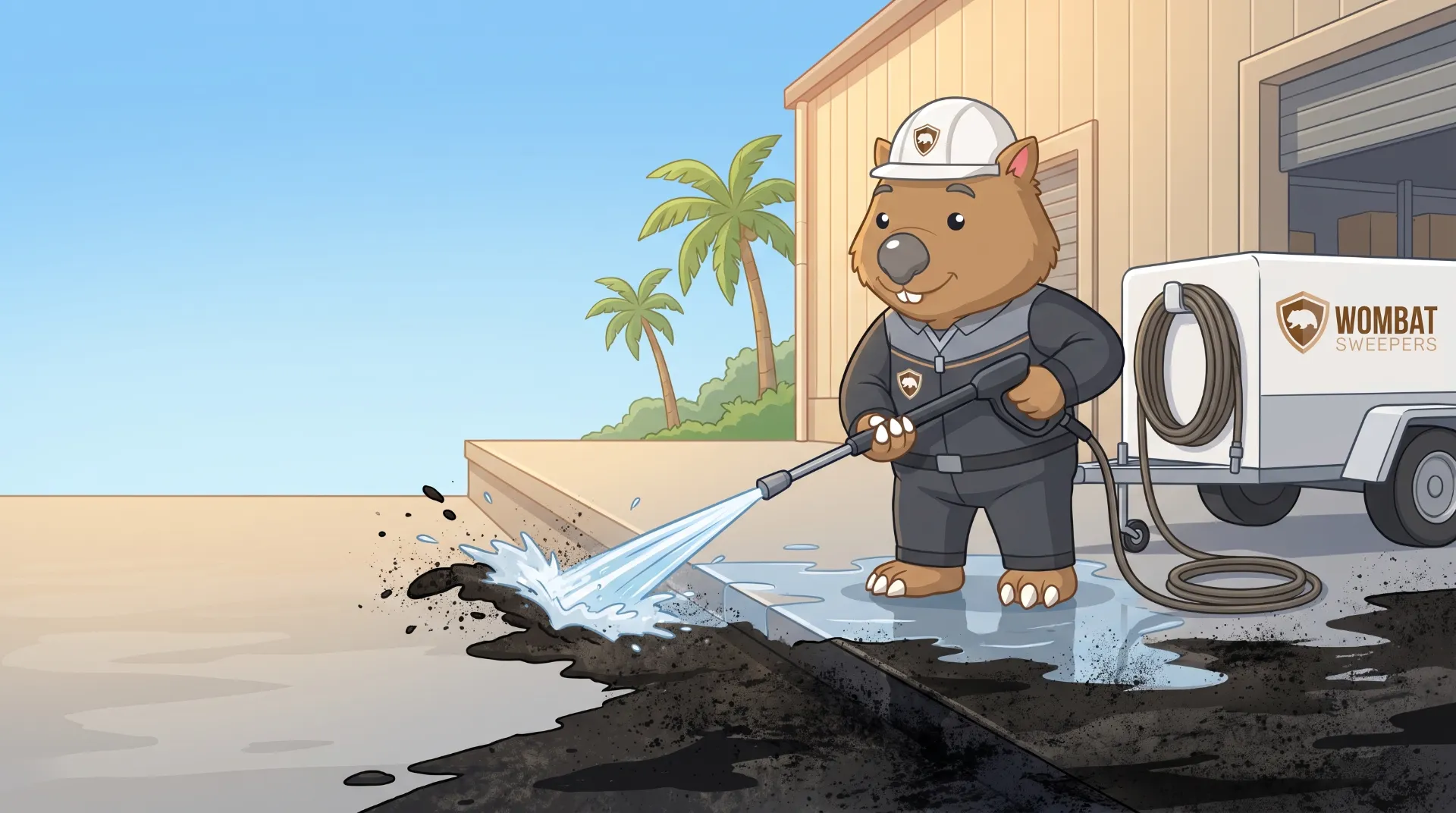 Wombat Sweepers mascot high-pressure cleans with a rotary surface cleaner on a paved commercial walkway