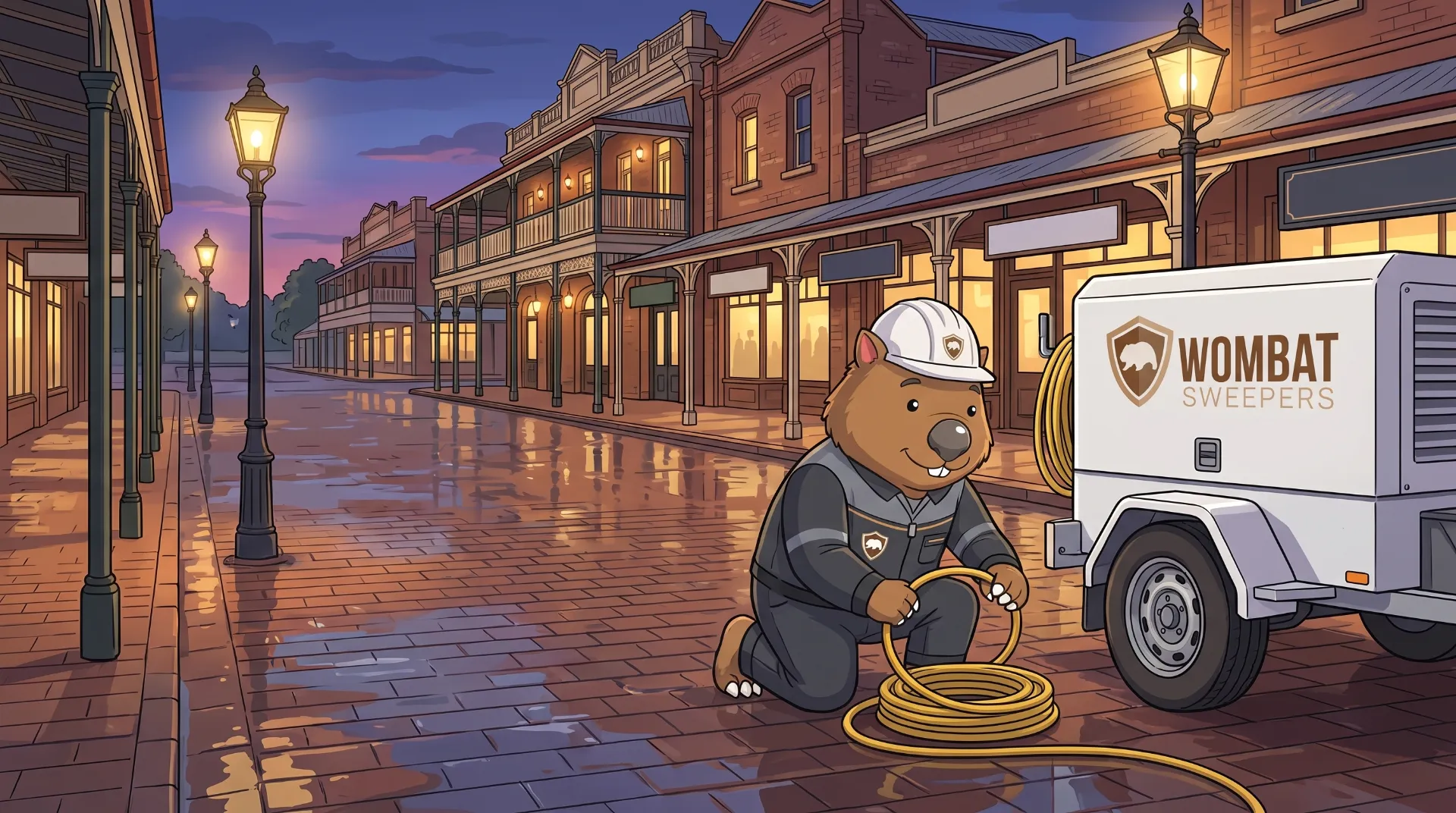Wombat Sweepers mascot coils a pressure hose beside a trailer-mounted pressure washer after cleaning a heritage brick-paved mall in Ipswich at twilight