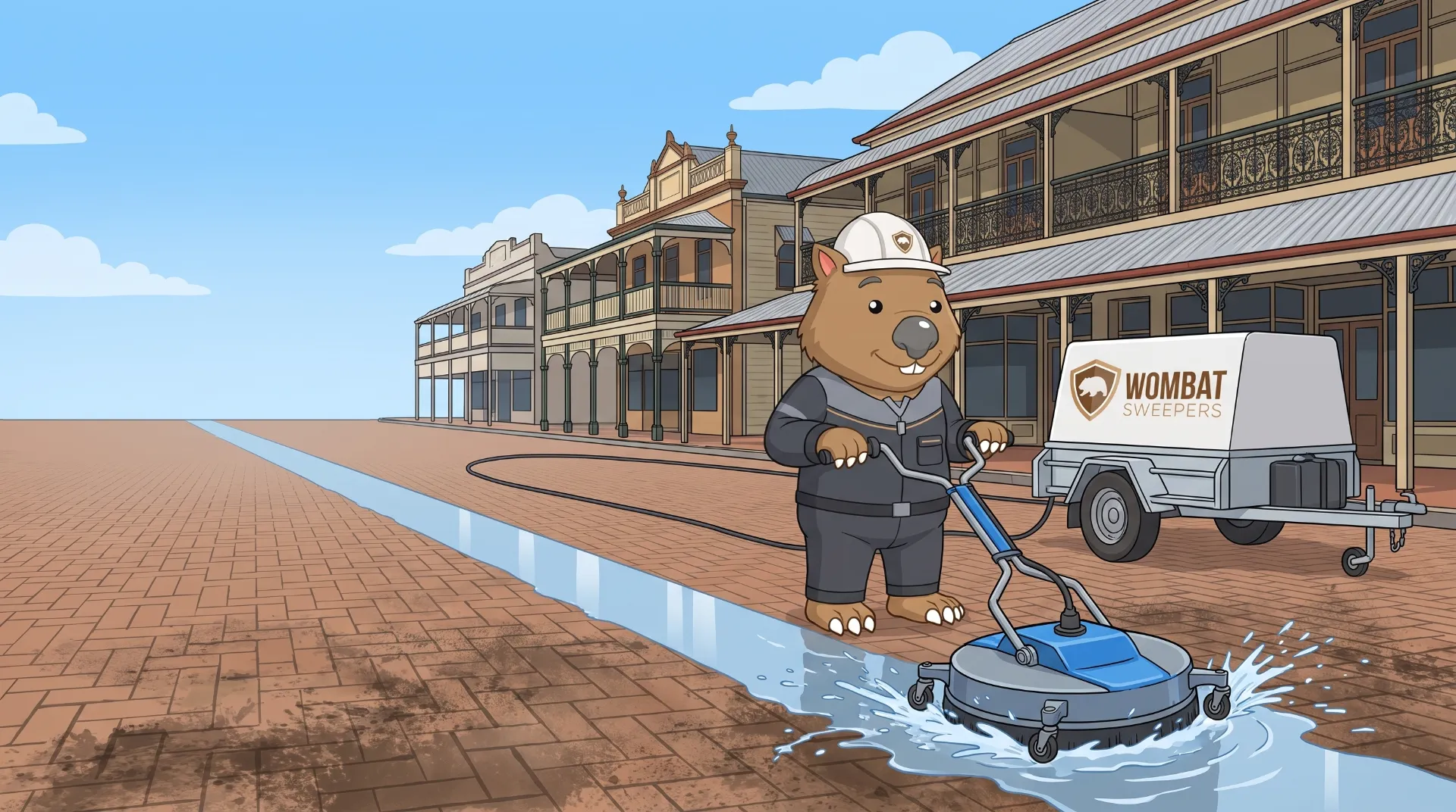Wombat Sweepers mascot high-pressure cleans with a rotary surface cleaner on a heritage brick-paved mall with old facades in Ipswich