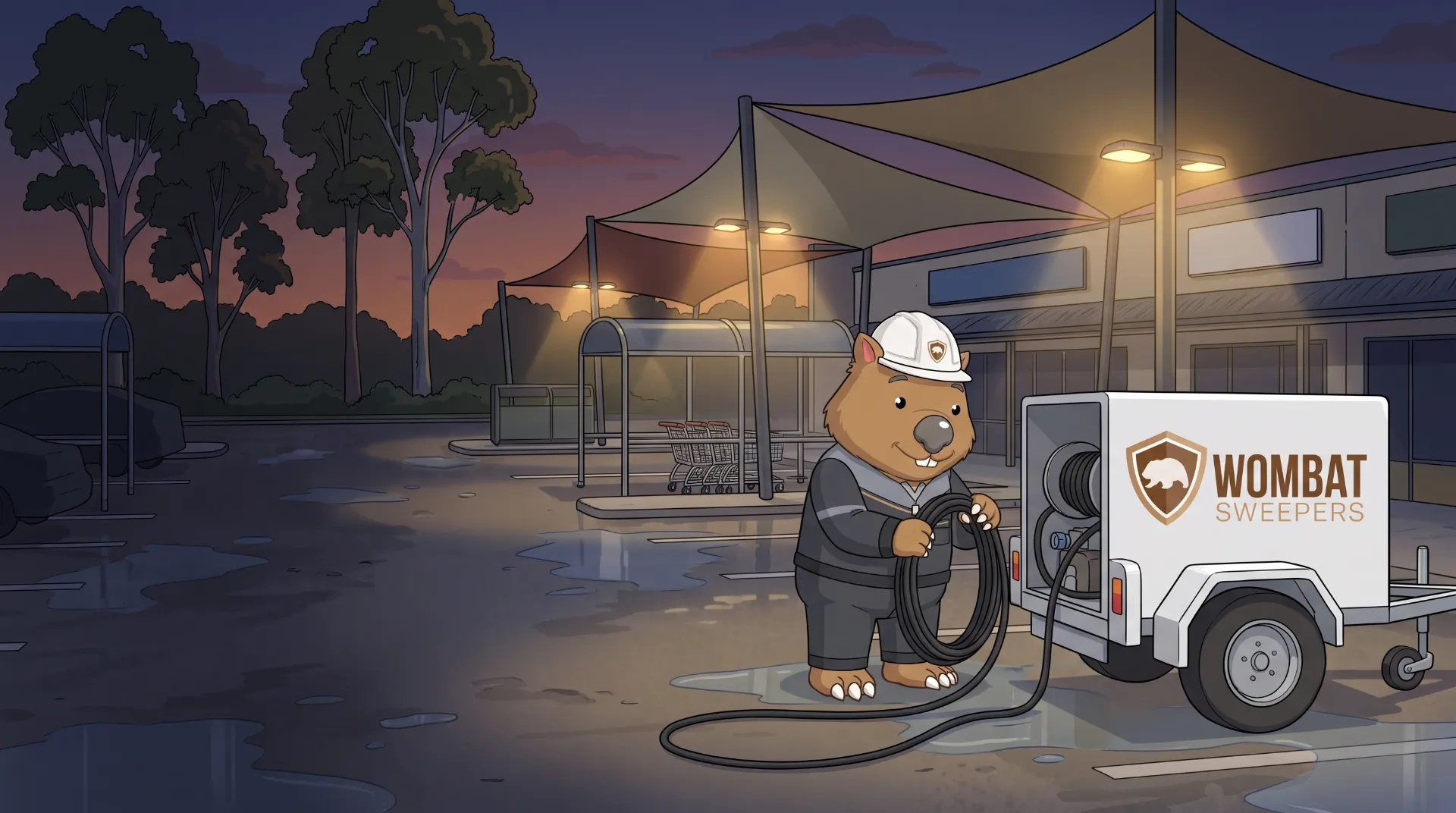 Wombat Sweepers mascot coils a pressure hose beside a trailer-mounted pressure washer after cleaning a shopping centre forecourt in Logan at twilight