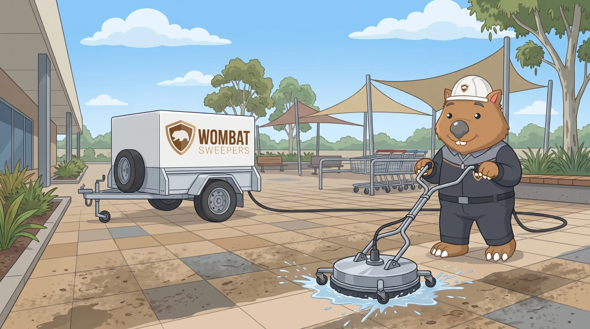 Wombat Sweepers mascot high-pressure cleans with a rotary surface cleaner on a shopping centre forecourt with trolley bays in Logan