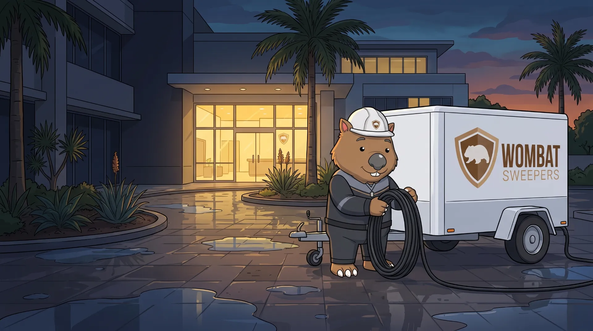 Wombat Sweepers mascot coils a hose beside a pressure-washer trailer outside a lit office forecourt at twilight