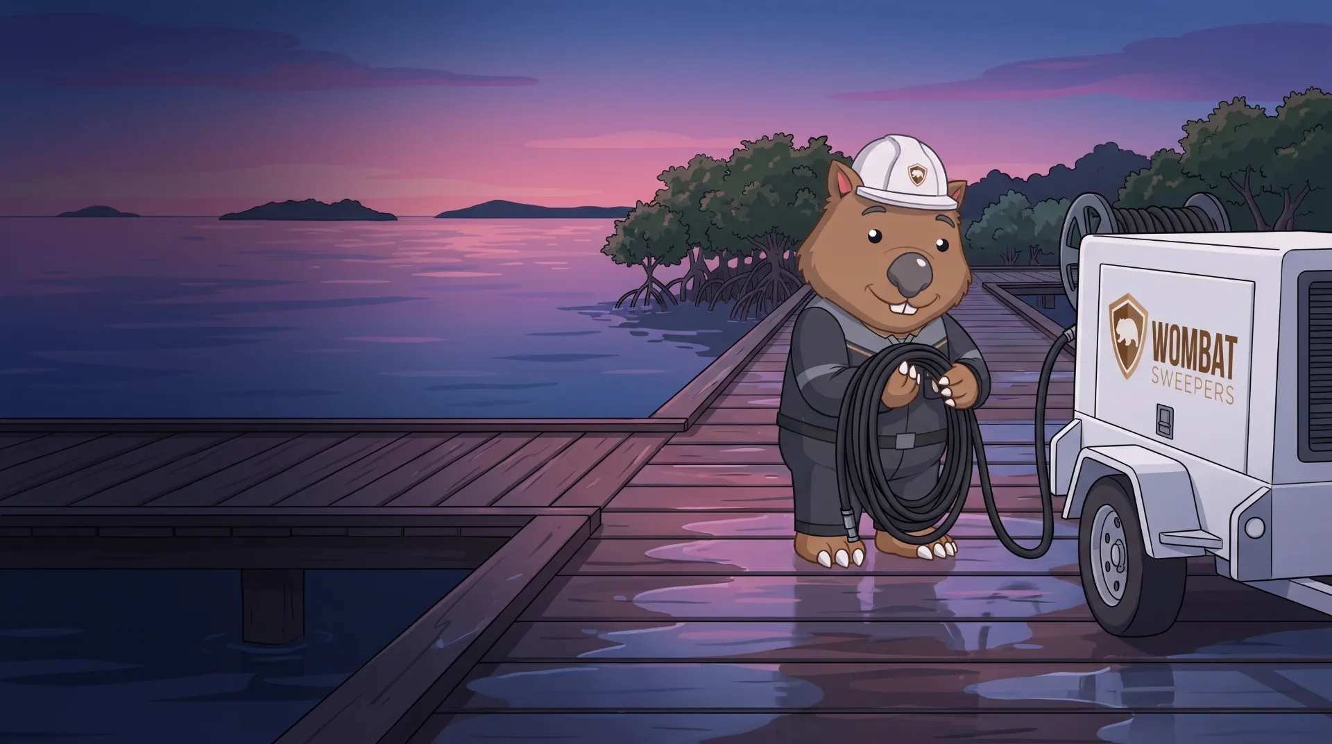 Wombat Sweepers mascot coils a pressure hose beside a trailer-mounted pressure washer after cleaning a bayside foreshore boardwalk in the Redlands at twilight