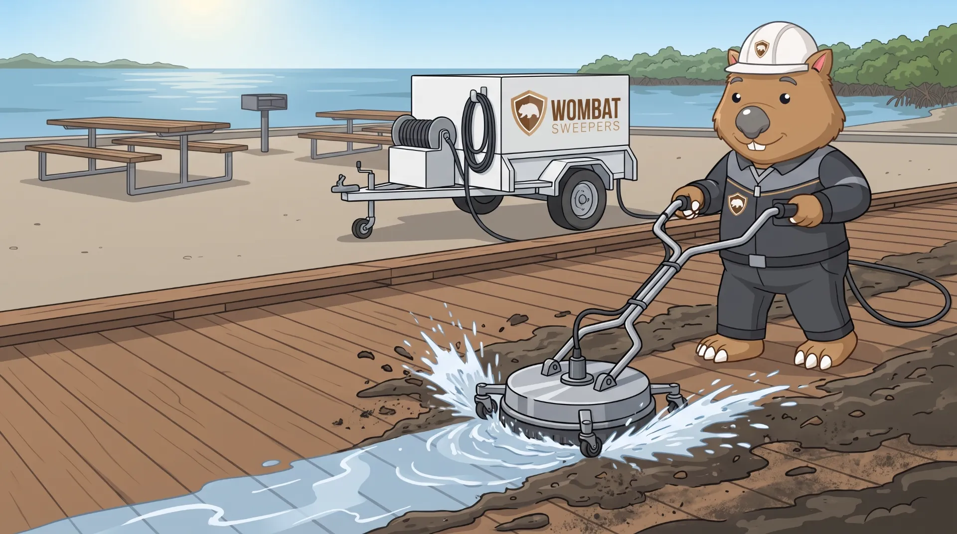 Wombat Sweepers mascot high-pressure cleans with a rotary surface cleaner on a bayside foreshore boardwalk and picnic area at Cleveland in the Redlands