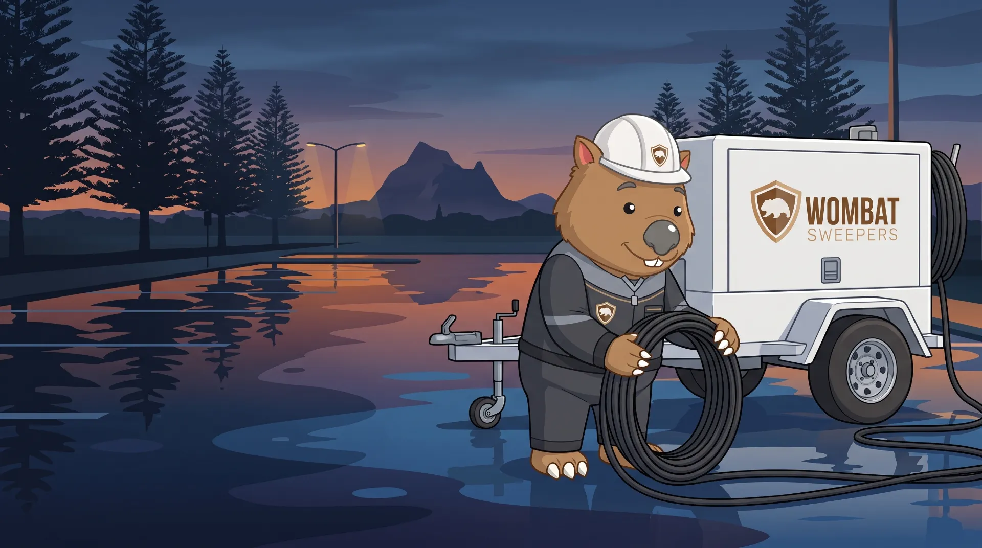 Wombat Sweepers mascot coils a pressure hose beside a trailer-mounted pressure washer after cleaning a coastal esplanade on the Sunshine Coast at twilight