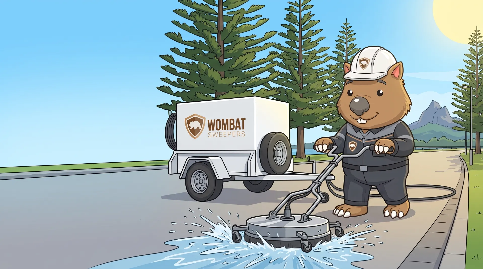 Wombat Sweepers mascot high-pressure cleans with a rotary surface cleaner on a coastal esplanade with Norfolk pines on the Sunshine Coast