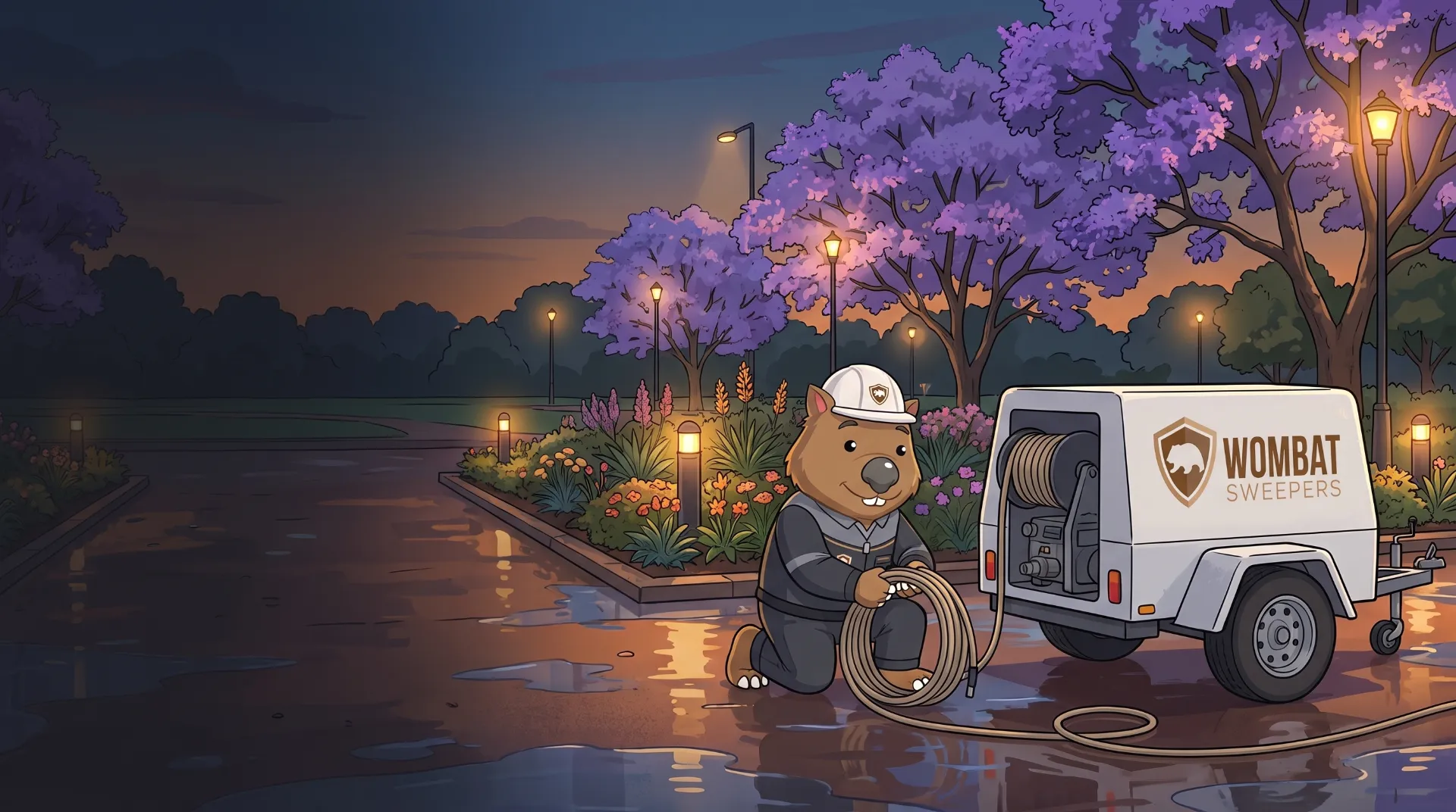 Wombat Sweepers mascot coils a pressure hose beside a trailer-mounted pressure washer after cleaning a garden-city plaza in Toowoomba at twilight
