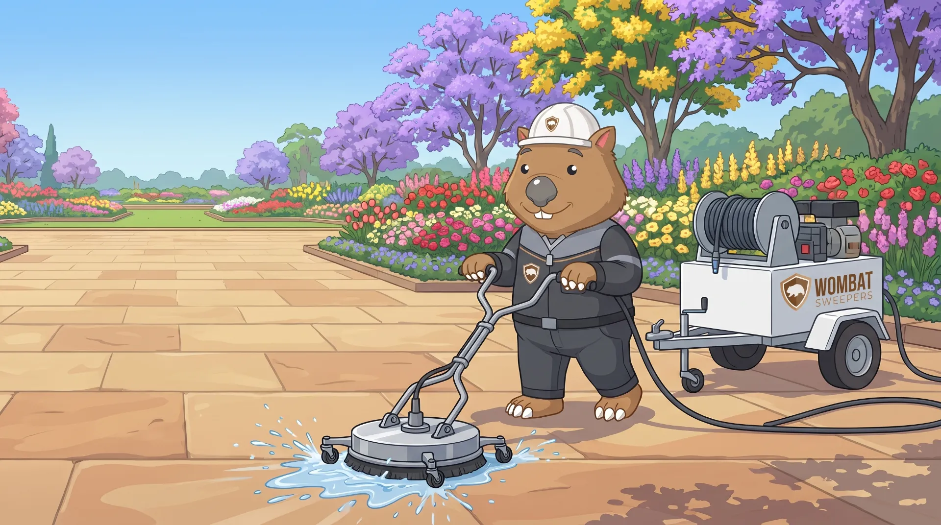 Wombat Sweepers mascot high-pressure cleans with a rotary surface cleaner on a garden-city plaza edged with flower beds in Toowoomba
