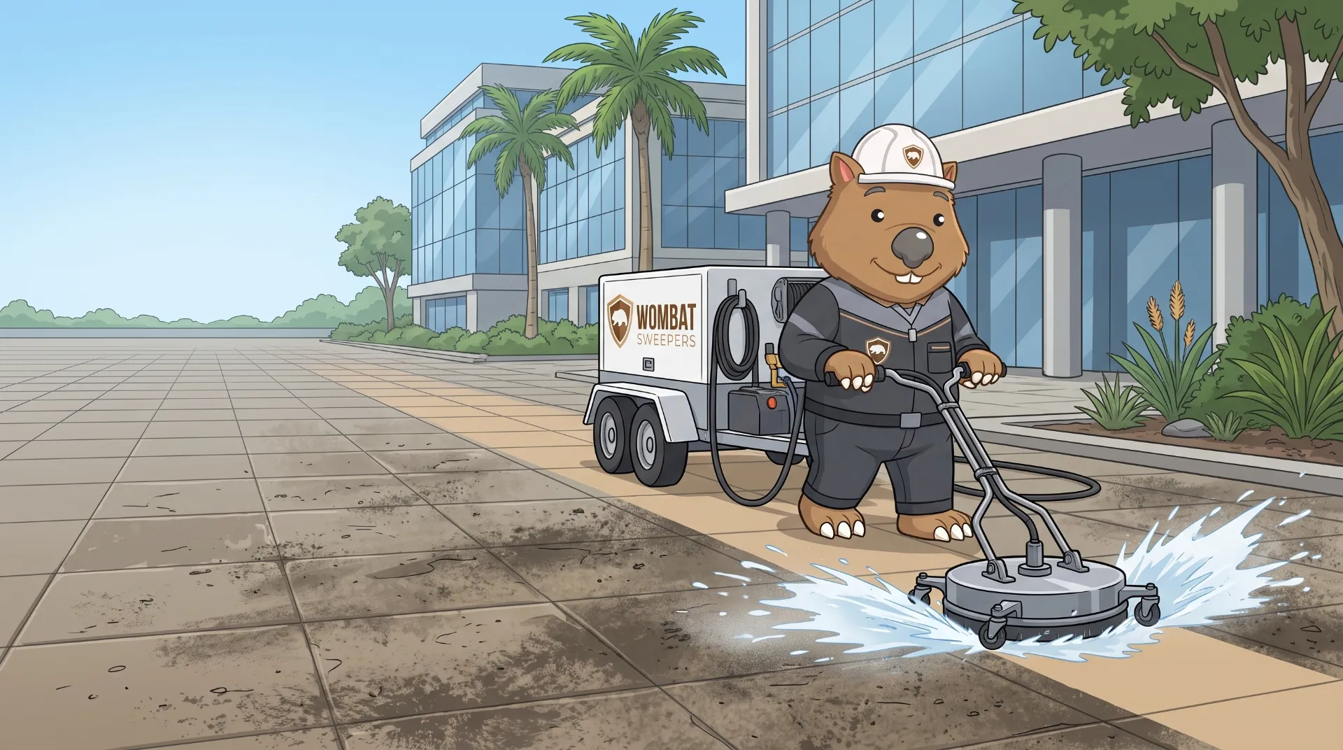 Wombat Sweepers mascot high-pressure cleans with a rotary surface cleaner on a long paved commercial walkway outside an office building