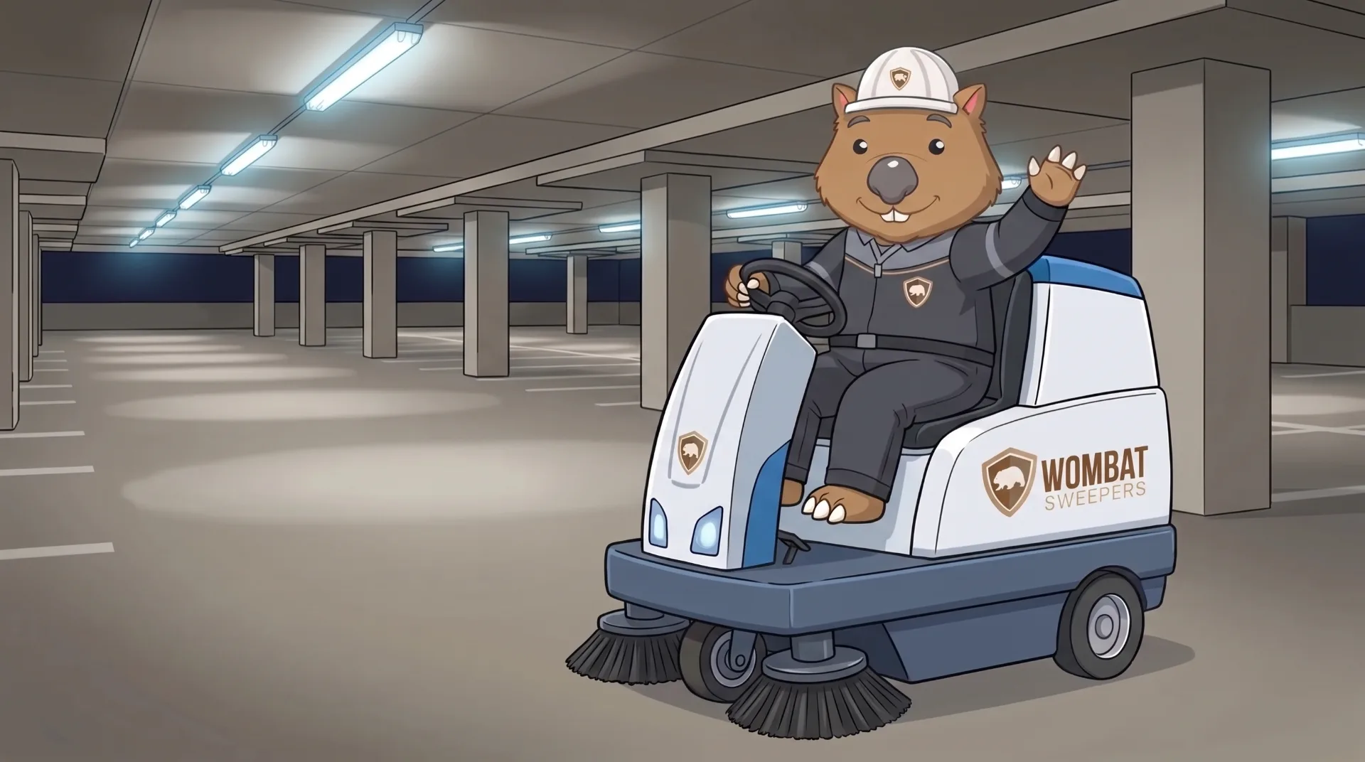 Wombat Sweepers mascot waves from a ride-on sweeper on an empty car park deck under fluorescent lights at night