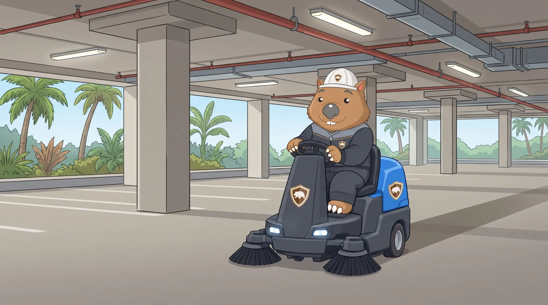 Wombat Sweepers mascot drives a ride-on sweeper on a commercial car park deck, a wall calendar-style schedule board visible on a pillar