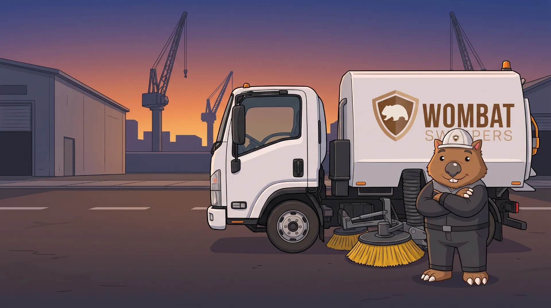 Wombat Sweepers mascot arms crossed confidently beside a branded street sweeper truck at dusk with an industrial skyline behind