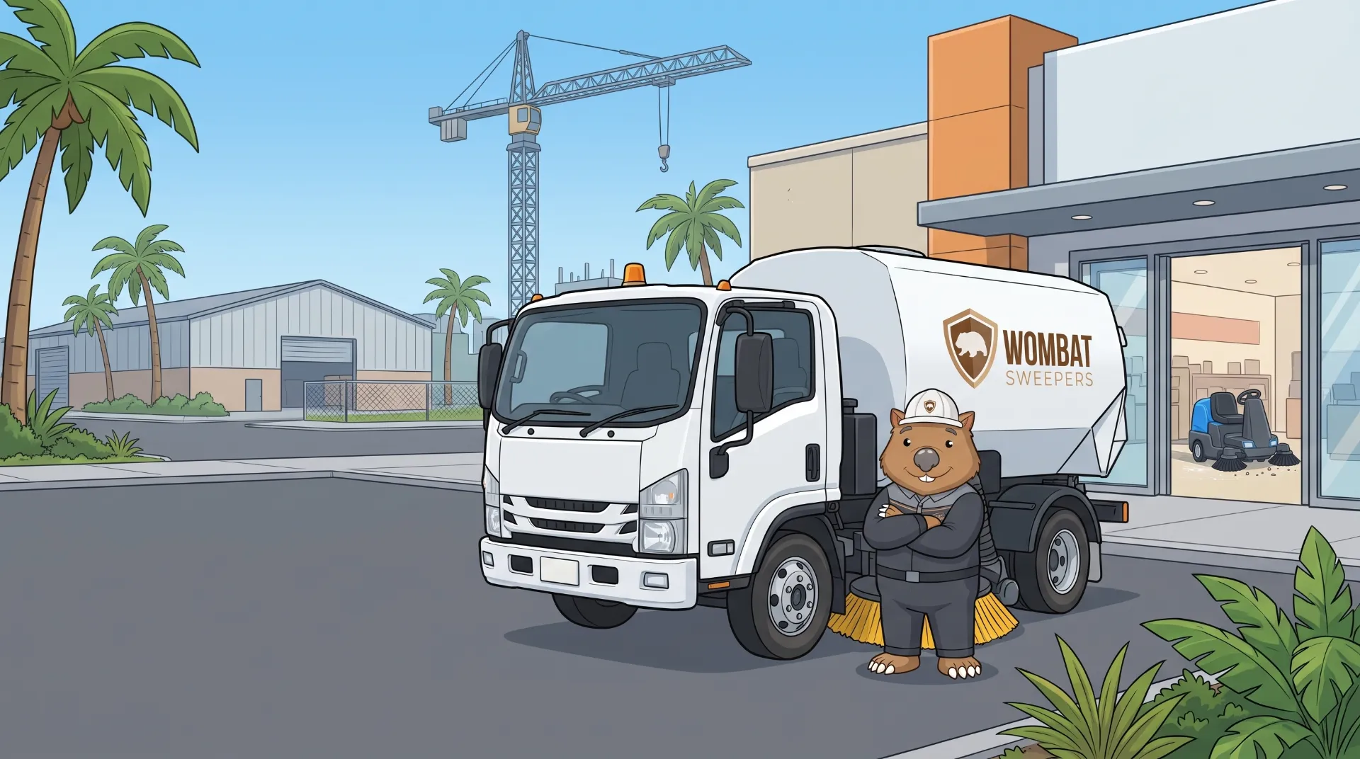 Wombat Sweepers mascot stands in front of a street sweeper truck and a ride-on sweeper on a commercial site with warehouses and a retail centre behind