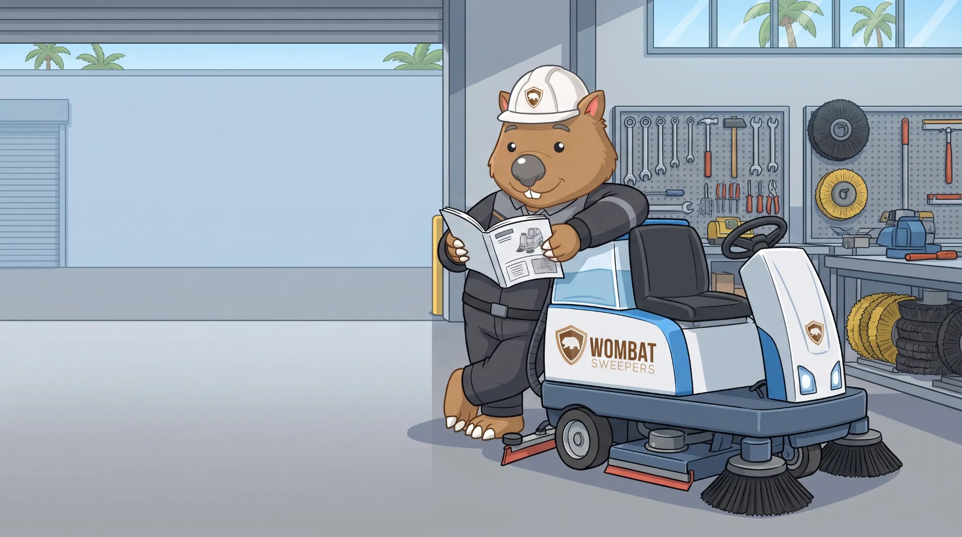 Wombat Sweepers mascot reads a manual beside a ride-on sweeper in the depot workshop