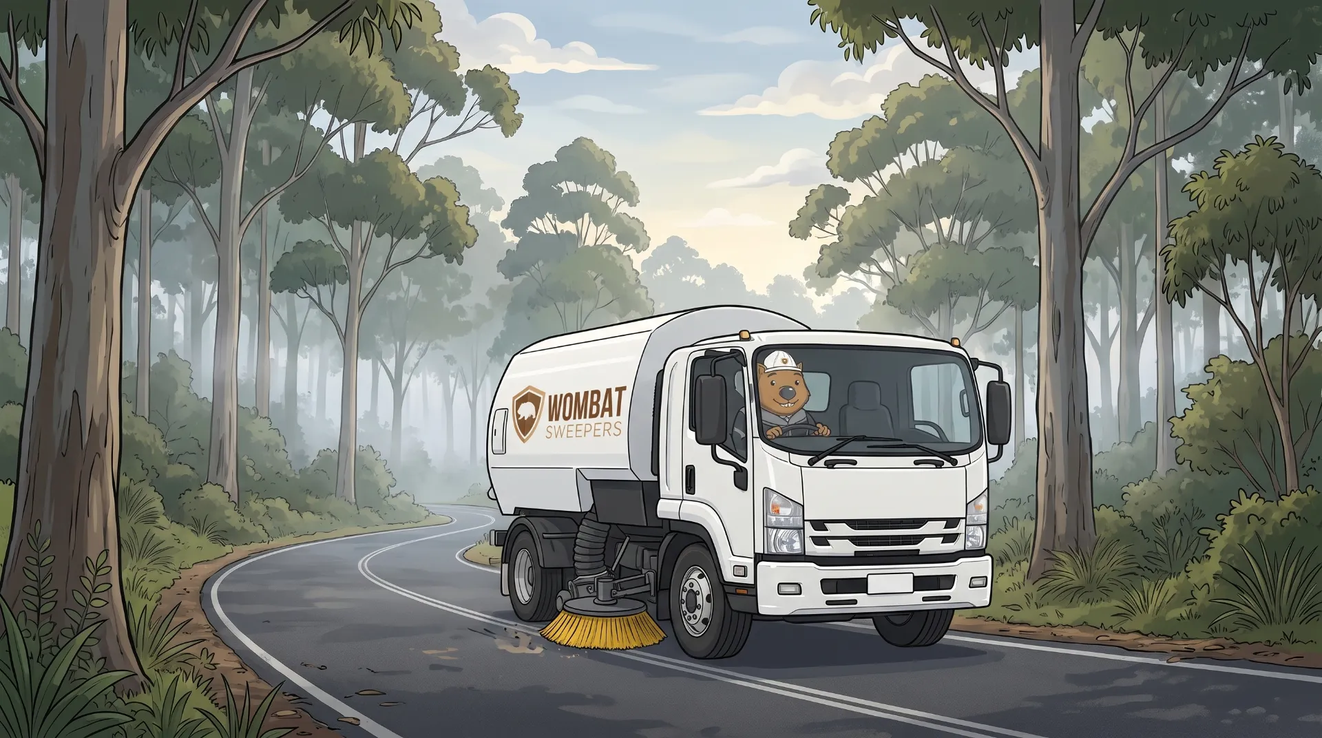 Wombat Sweepers mascot drives a branded street sweeper truck along a Queensland road