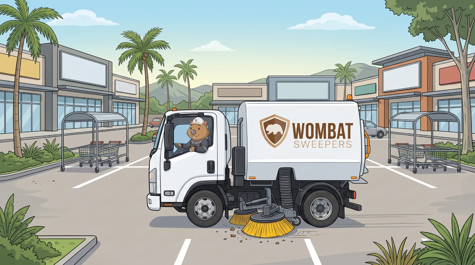 Wombat Sweepers mascot drives a ride-on sweeper across a large retail centre car park
