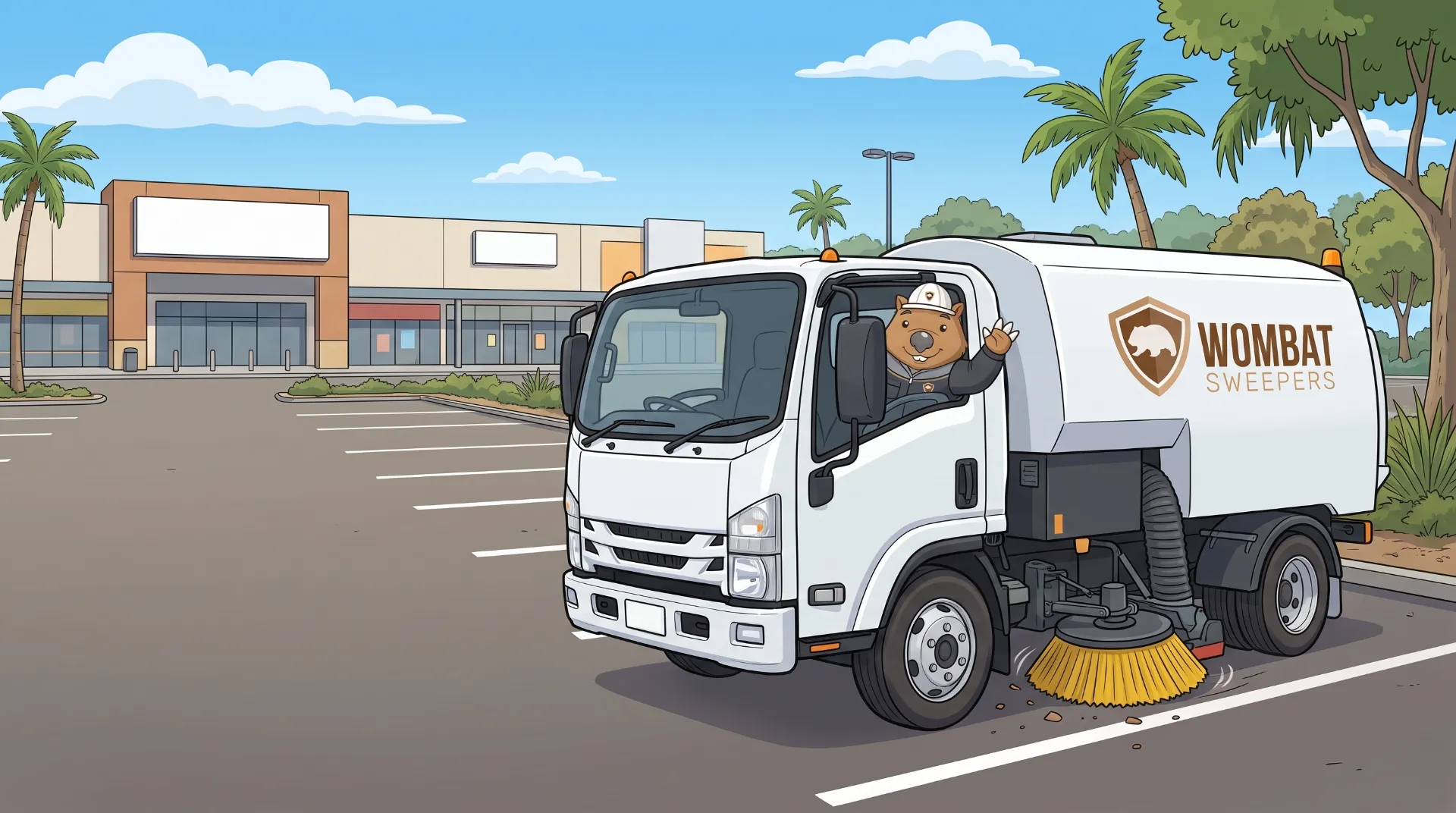 Wombat Sweepers mascot waves from a ride-on sweeper working a big retail centre car park while a branded street sweeper truck works the access road behind
