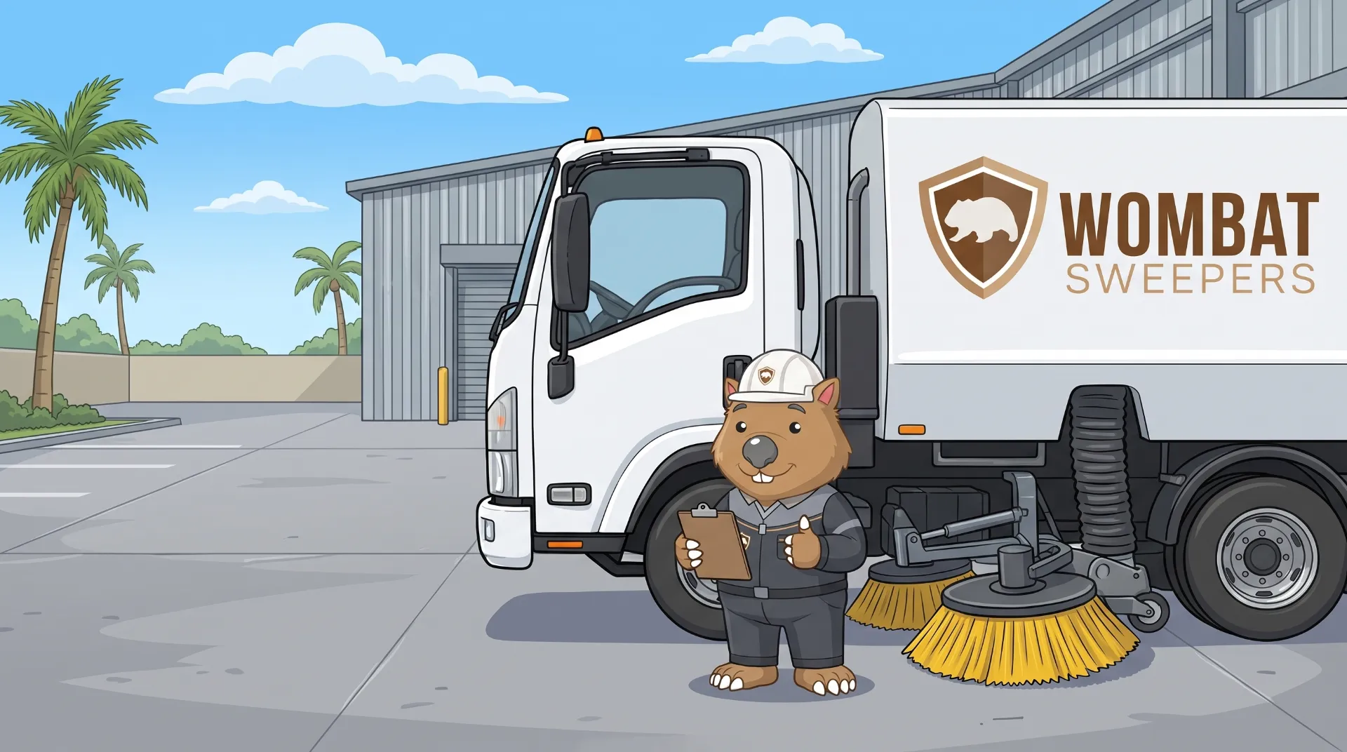 Wombat Sweepers mascot with a clipboard beside a street sweeper truck, ready to quote a job