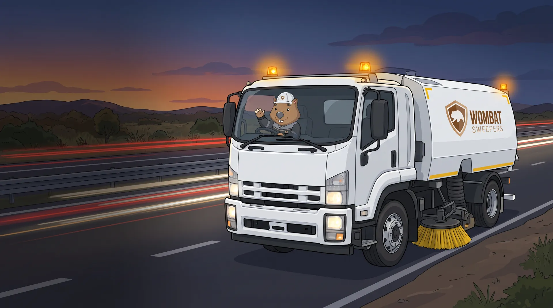 Wombat Sweepers mascot waves from a branded street sweeper truck parked on a road shoulder at dusk with traffic light trails