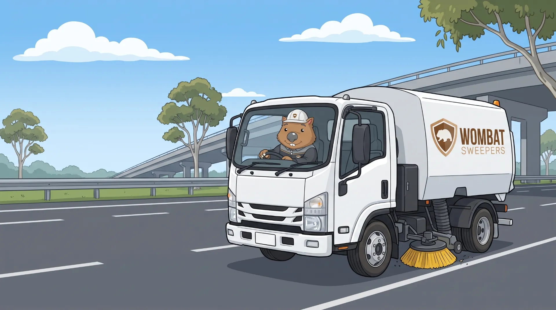 Wombat Sweepers mascot drives a branded street sweeper truck along a Queensland arterial road with a wide sky and gum trees
