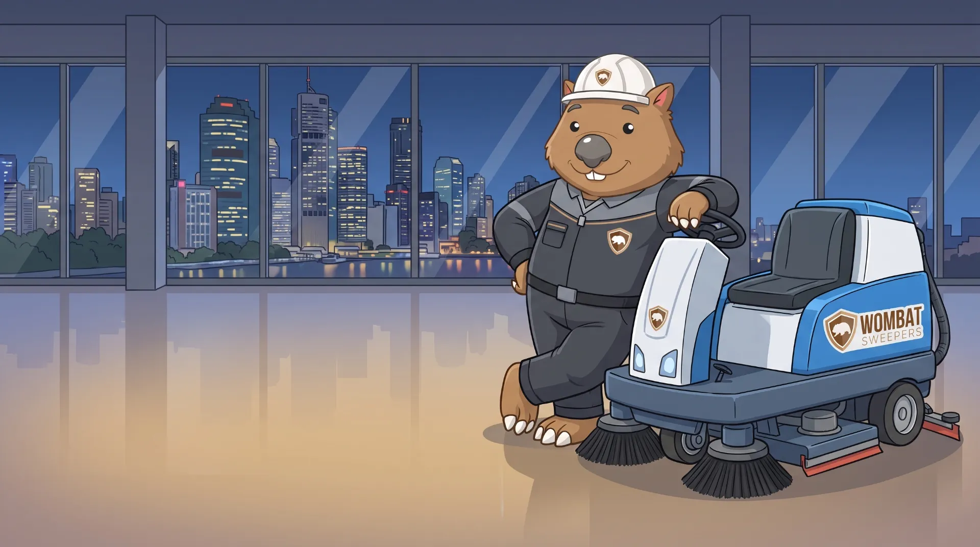 Wombat Sweepers mascot leans proudly on a ride-on floor scrubber parked inside a client facility after hours in Brisbane, glossy floor reflecting lights