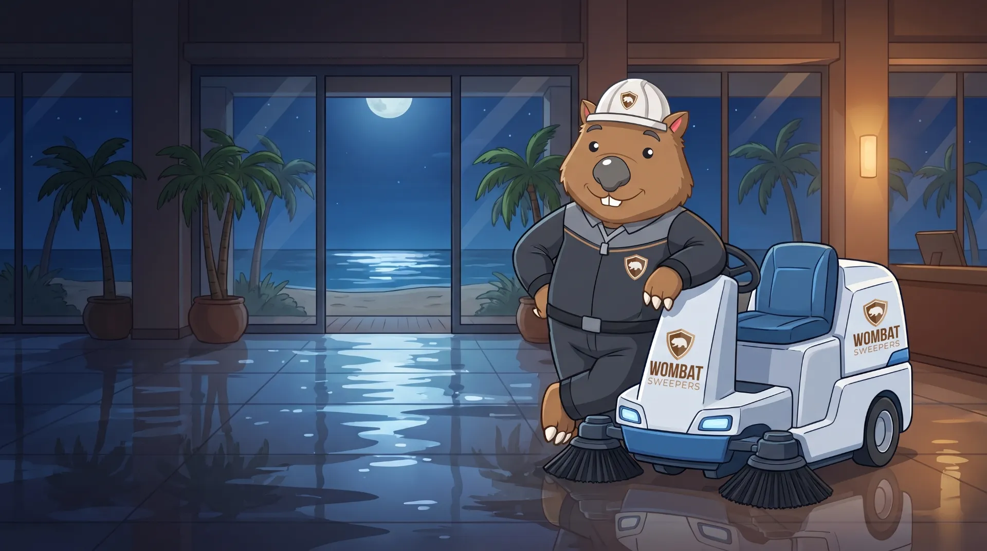 Wombat Sweepers mascot leans proudly on a ride-on floor scrubber parked inside a client facility after hours on the Gold Coast, glossy floor reflecting lights