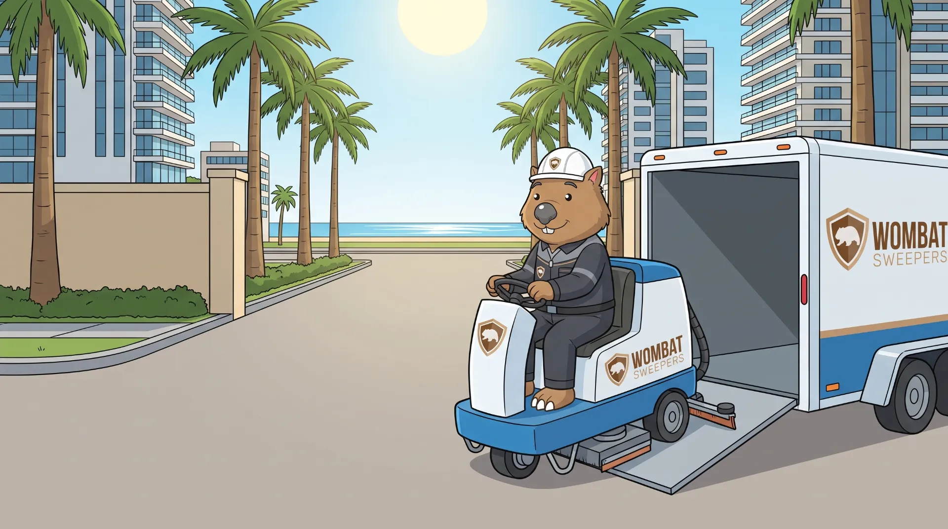 Wombat Sweepers mascot guides a ride-on floor scrubber down the ramp of a delivery trailer at a commercial building on the Gold Coast