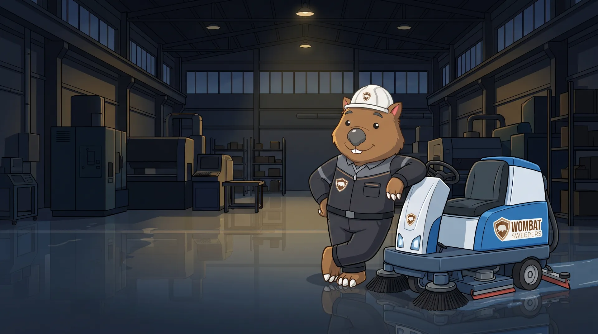 Wombat Sweepers mascot leans proudly on a ride-on floor scrubber parked inside a client facility after hours in Ipswich, glossy floor reflecting lights