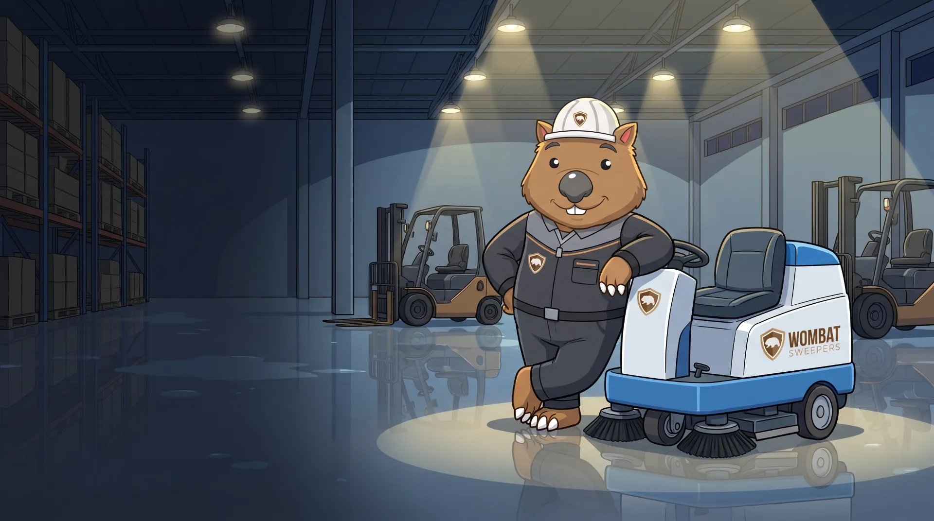Wombat Sweepers mascot leans proudly on a ride-on floor scrubber parked inside a client facility after hours in Logan, glossy floor reflecting lights