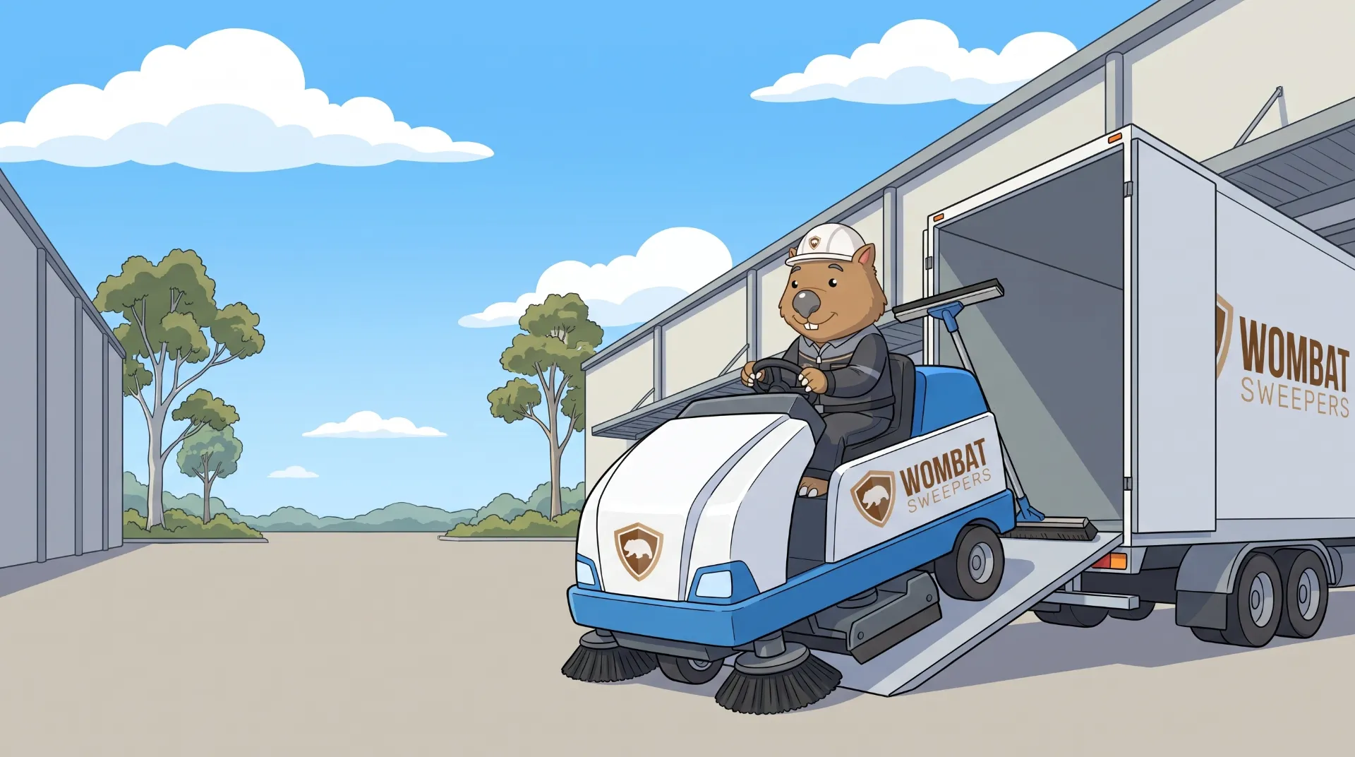Wombat Sweepers mascot guides a ride-on floor scrubber down the ramp of a delivery trailer at a commercial building in Logan
