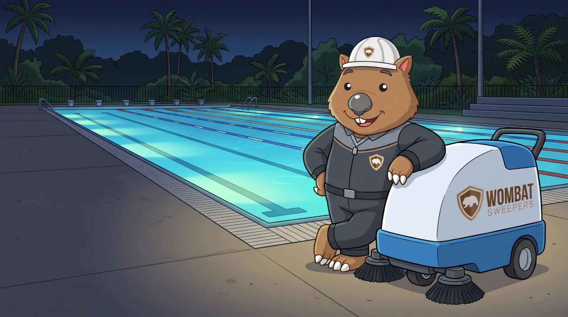 Wombat Sweepers mascot leans proudly on a ride-on floor scrubber parked inside a client facility after hours in the Redlands, glossy floor reflecting lights
