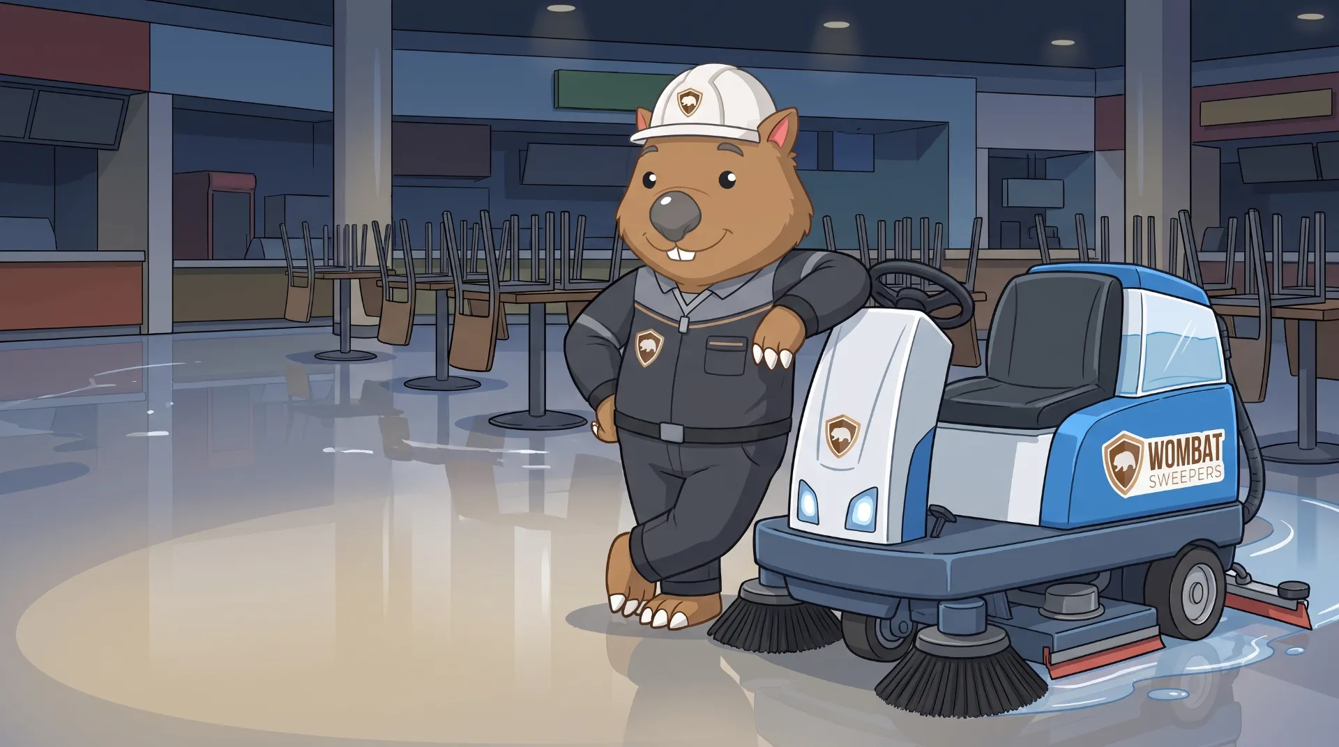 Wombat Sweepers mascot leans proudly on a ride-on floor scrubber parked inside a client facility after hours on the Sunshine Coast, glossy floor reflecting lights