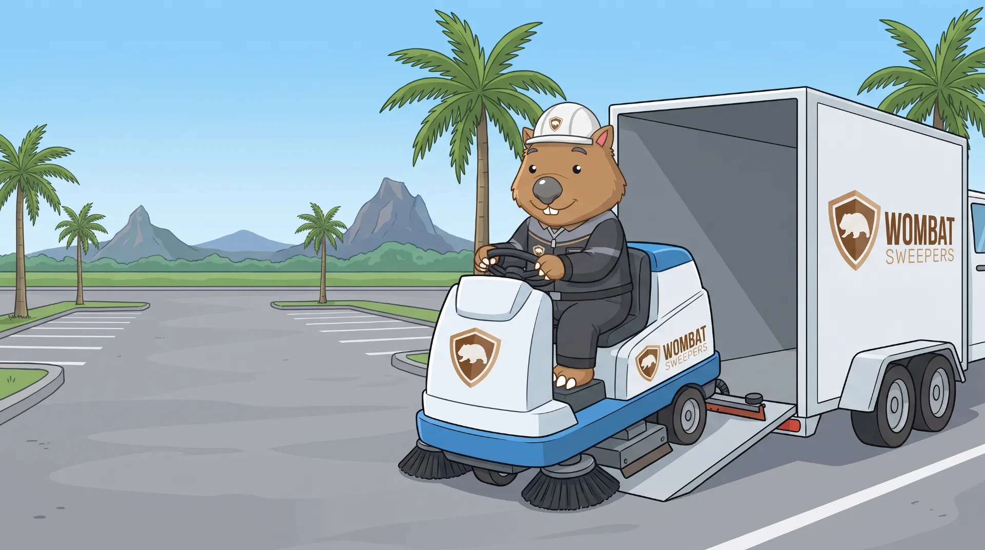 Wombat Sweepers mascot guides a ride-on floor scrubber down the ramp of a delivery trailer at a commercial building on the Sunshine Coast