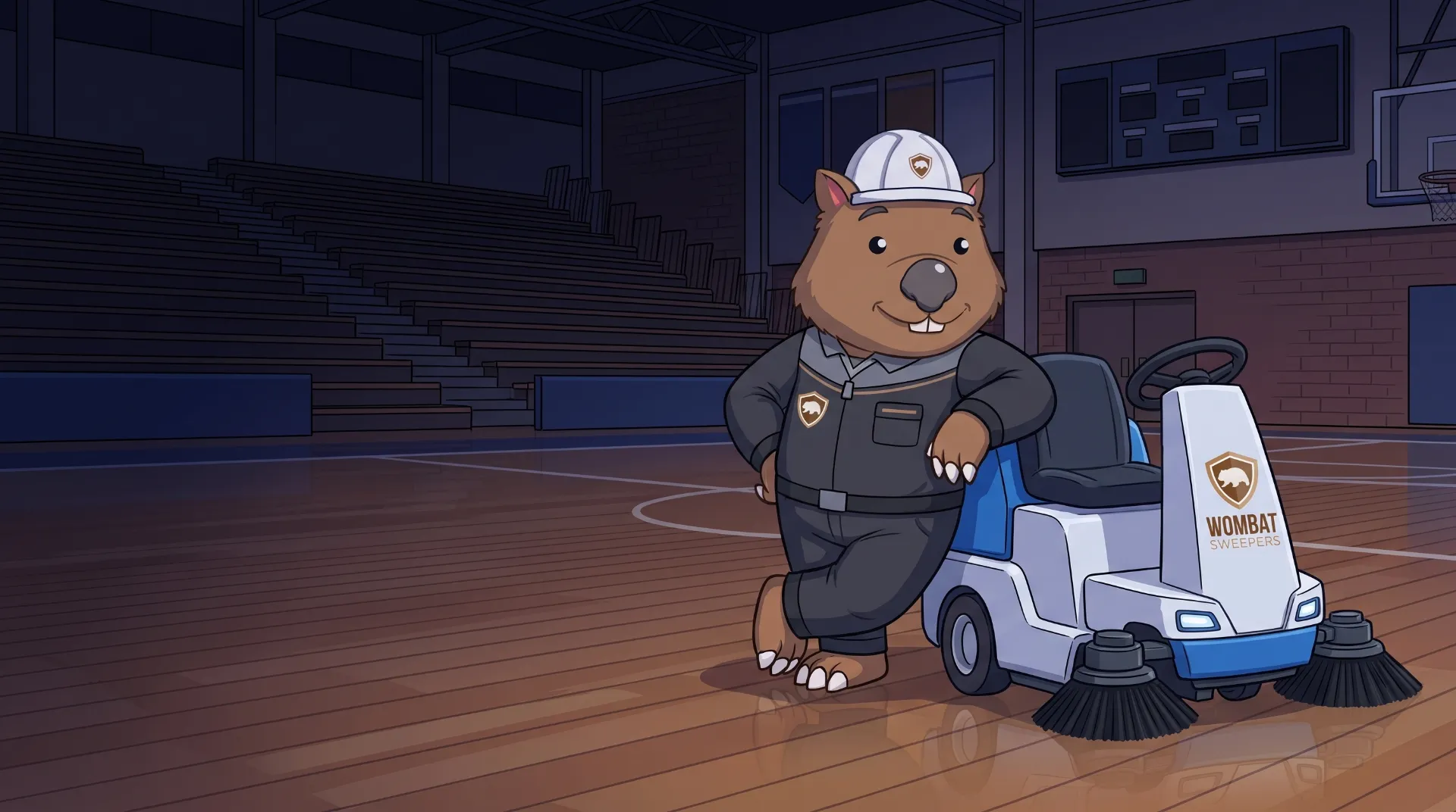 Wombat Sweepers mascot leans proudly on a ride-on floor scrubber parked inside a client facility after hours in Toowoomba, glossy floor reflecting lights