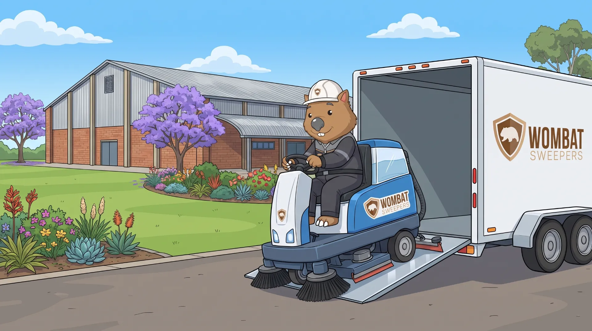 Wombat Sweepers mascot guides a ride-on floor scrubber down the ramp of a delivery trailer at a commercial building in Toowoomba